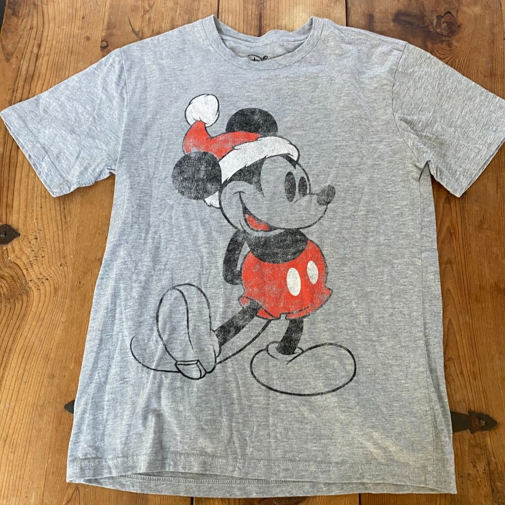 Disney Mickey Mouse Santa Christmas Front & Back Gray T Shirt Size Small